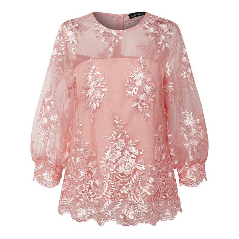 ZANZEA Damen Elegant Spitze Patchwork Sommer 3/4 Ärmel Lässige Bluse 3XL rosa von Joom DACH