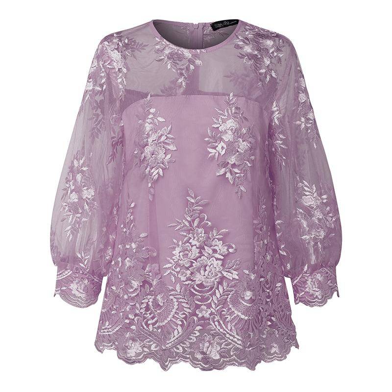 ZANZEA Damen Elegant Spitze Patchwork Sommer 3/4 Ärmel Lässige Bluse 5XL violett von Joom DACH