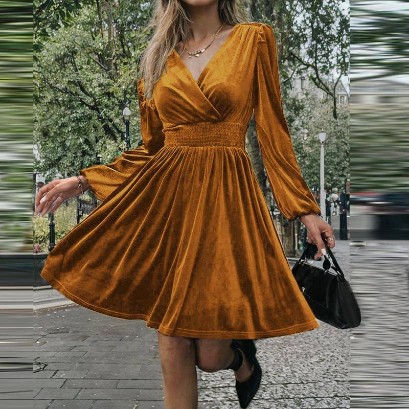 ZANZEA Damen Elegante V-Ausschnitt Langarm Tailliert Gestrickte A-Linien Kleider M gelb von Joom DACH