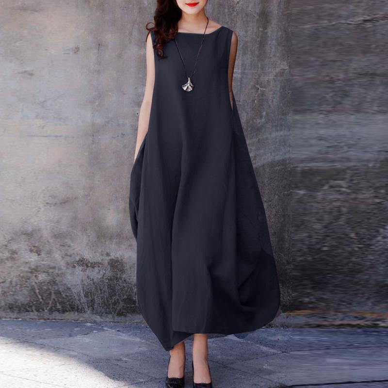 ZANZEA Damen-Kleid, täglich, lässig, Baumwolle, Sommer, O-Ausschnitt, ärmellos, locker, langes Kleid 2XL von Joom DACH