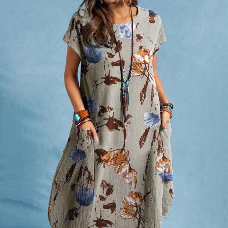 ZANZEA Damen-Kleid mit Baumwolldruck, Sommer, lässig, O-Ausschnitt, kurze Ärmel, kurzes Kleid XL grau von Joom DACH