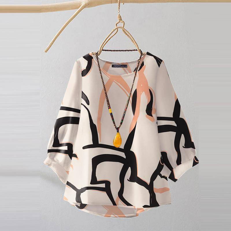 ZANZEA Damen Koreanische Casual Rundhals 3/4 Ärmel Lose Druck Bluse 4XL beige von Joom DACH