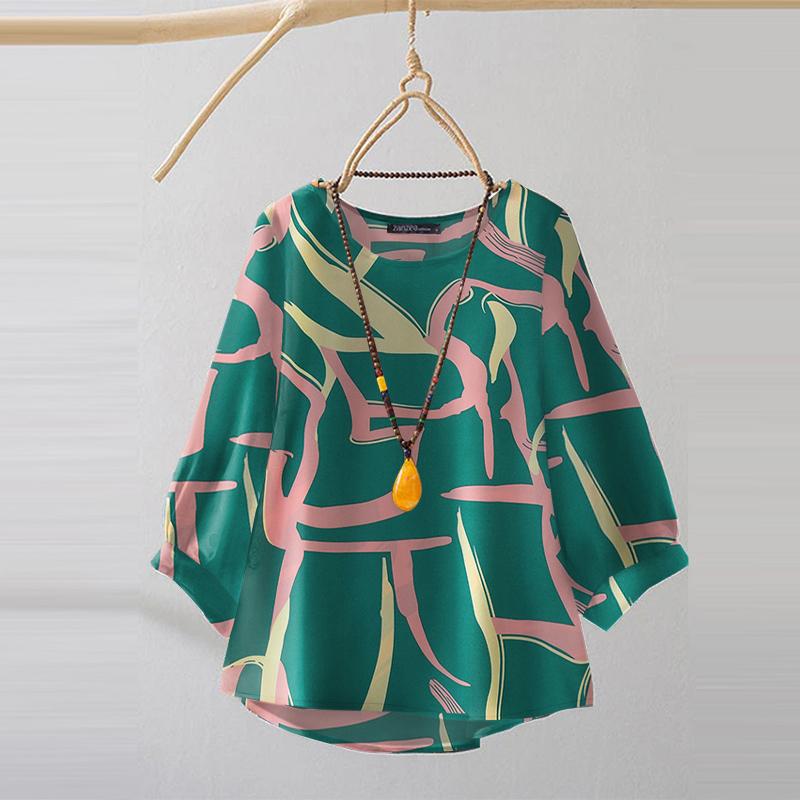 ZANZEA Damen Koreanische Casual Rundhals 3/4 Ärmel Lose Druck Bluse 5XL grün von Joom DACH