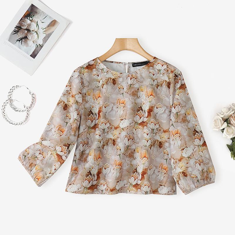 ZANZEA Damen Lässige Bluse mit Rundhalsausschnitt und 3/4-Ärmeln, lockere Bluse mit Blumenmuster 2XL khaki von Joom DACH