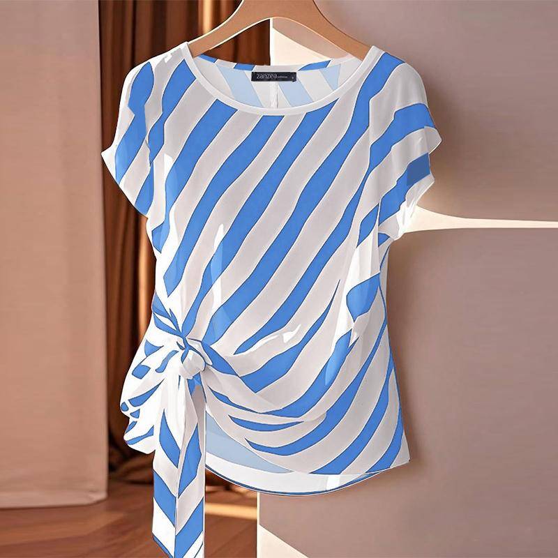 ZANZEA Damen Lässige Bluse mit Rundhalsausschnitt und Streifenmuster, lockere Kurzarmbluse 3XL blau von Joom DACH