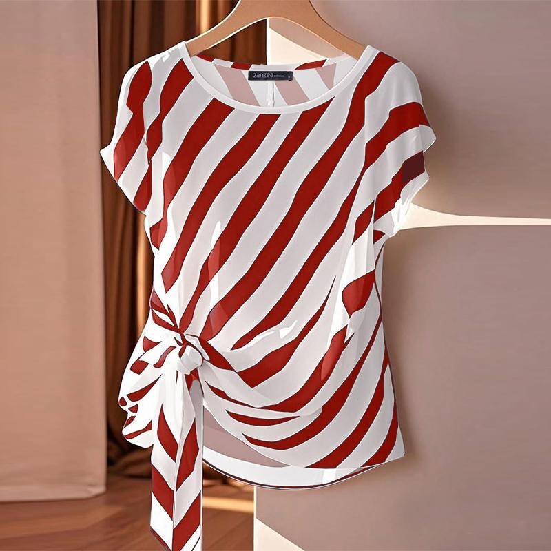 ZANZEA Damen Lässige Bluse mit Rundhalsausschnitt und Streifenmuster, lockere Kurzarmbluse 3XL rot von Joom DACH