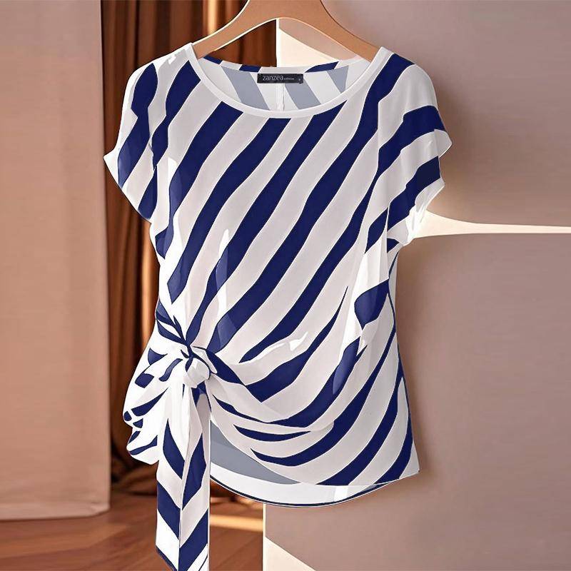 ZANZEA Damen Lässige Bluse mit Rundhalsausschnitt und Streifenmuster, lockere Kurzarmbluse 4XL dunkelblau von Joom DACH