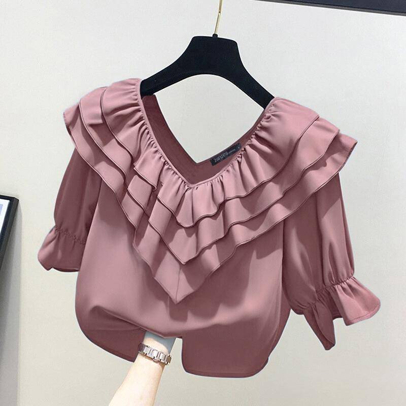 ZANZEA Damen Lässige Bluse mit V-Ausschnitt und 3/4-Ärmeln und Rüschen 4XL indisch rot von Joom DACH