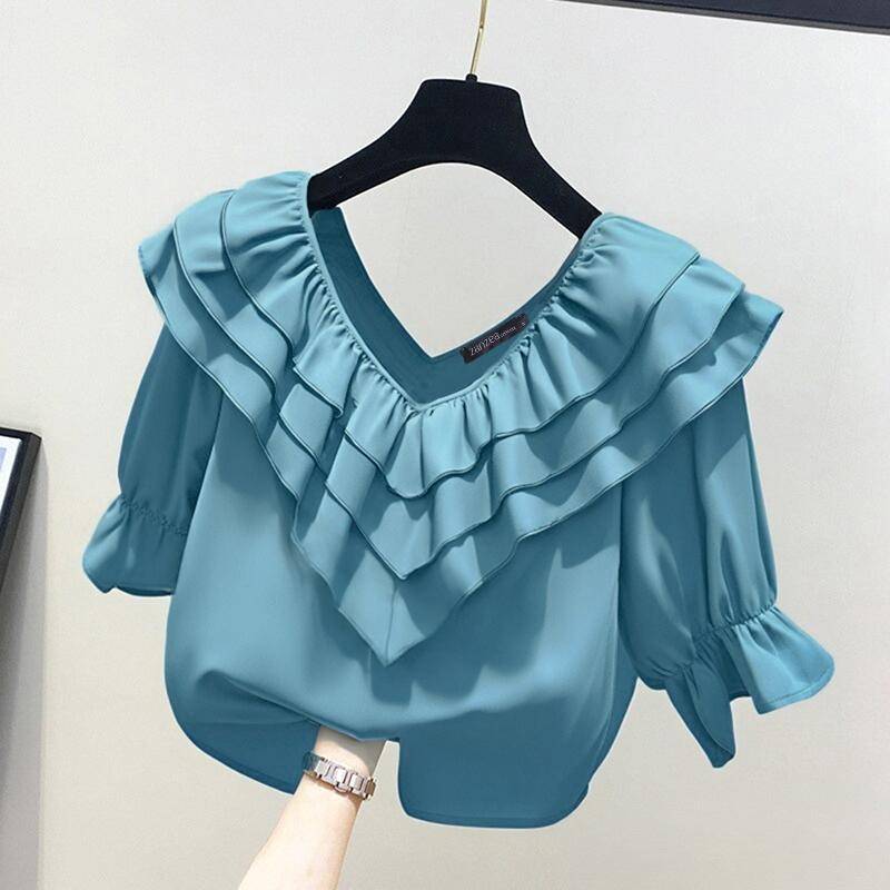 ZANZEA Damen Lässige Bluse mit V-Ausschnitt und 3/4-Ärmeln und Rüschen 5XL blau von Joom DACH