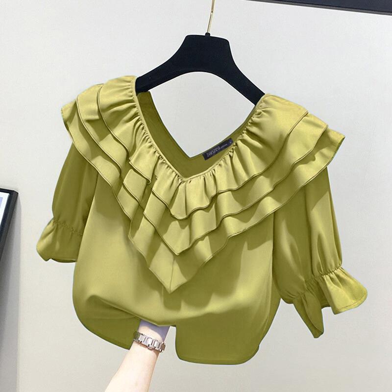 ZANZEA Damen Lässige Bluse mit V-Ausschnitt und 3/4-Ärmeln und Rüschen M grün von Joom DACH