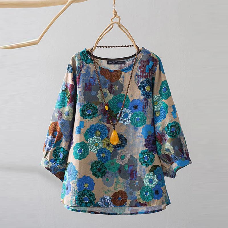 ZANZEA Damen Lässige O-Ausschnitt Druck Sommer Bluse mit 3/4 Ärmeln 4XL blau von Joom DACH