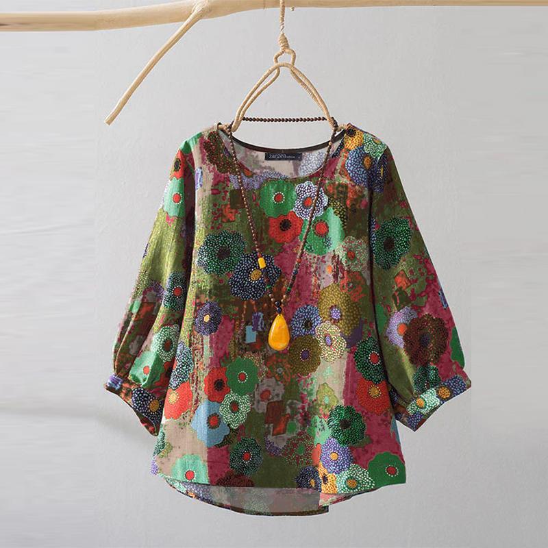 ZANZEA Damen Lässige O-Ausschnitt Druck Sommer Bluse mit 3/4 Ärmeln 5XL grün von Joom DACH