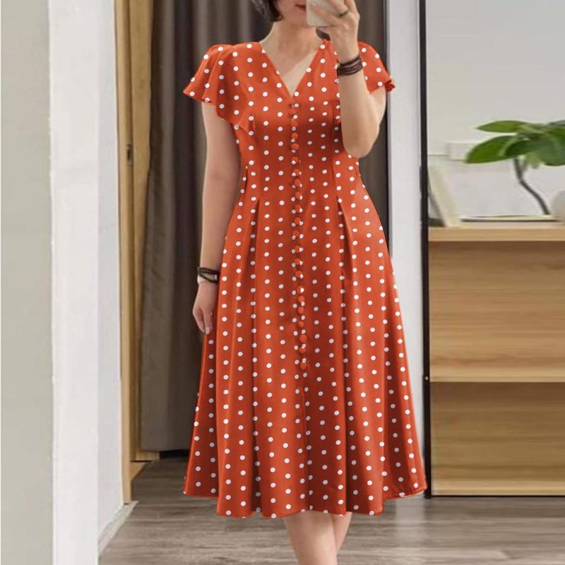 ZANZEA Damen Lässiges Kleid mit V-Ausschnitt und kurzen Ärmeln und Punktemuster L orange von Joom DACH