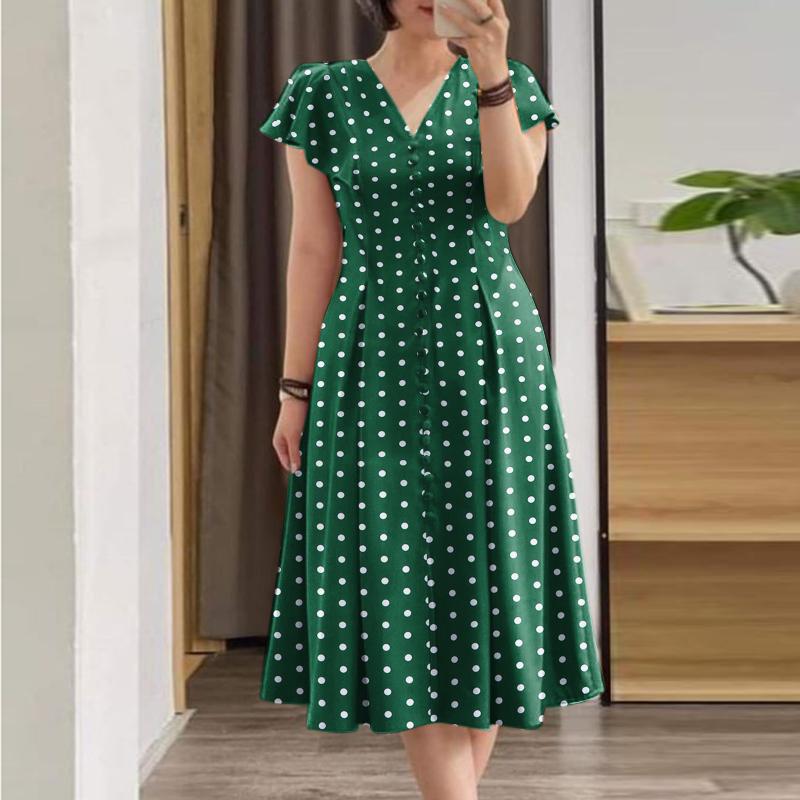 ZANZEA Damen Lässiges Kleid mit V-Ausschnitt und kurzen Ärmeln und Punktemuster S grün von Joom DACH