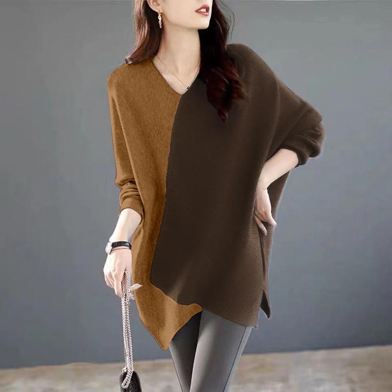 ZANZEA Damen Lässiges Langarm-T-Shirt mit unregelmäßigem Saum und Patchwork S braun von Joom DACH