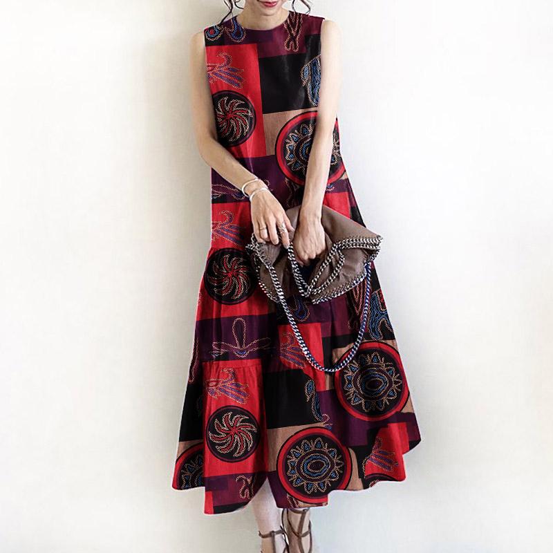 ZANZEA Damen Lässiges O-Ausschnitt Ärmelloses Langes Kleid mit Ethno-Print XL ZANZEA Damen Lässiges O-Ausschnitt Ärmelloses Langes Kleid mit Ethno-Print XL von Joom DACH