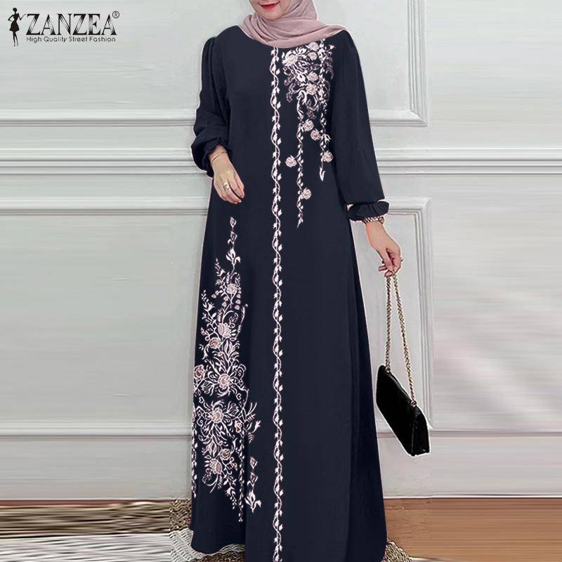 ZANZEA Damen Lässiges O-Ausschnitt Langarm Retro Print Langes Kleid S dunkelblaue von Joom DACH