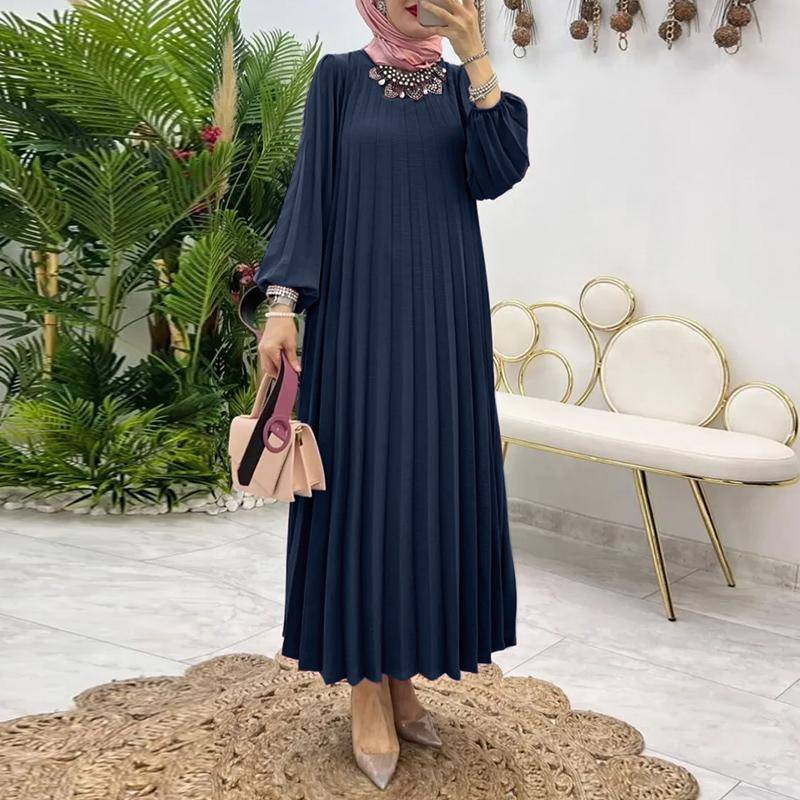 ZANZEA Damen Lässiges Rundhals-Langarm-Kleid mit lockerer Plisseefalte 2XL dunkelblau von Joom DACH