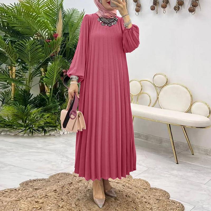 ZANZEA Damen Lässiges Rundhals-Langarm-Kleid mit lockerer Plisseefalte M cameo rosa von Joom DACH