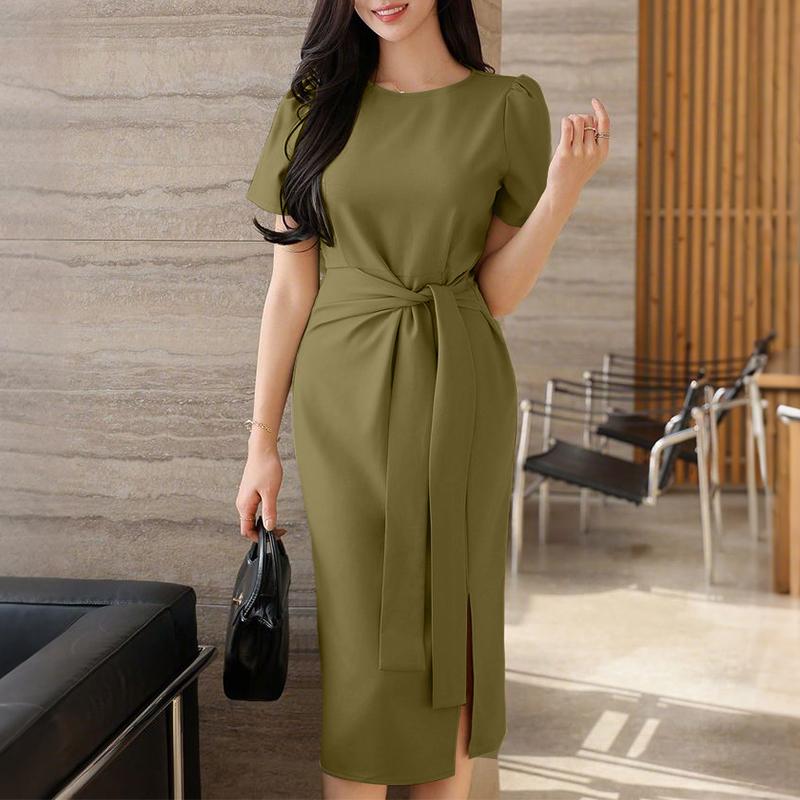 ZANZEA Damen Lässiges Rundhals-Sommer-Kurzarm-Etuikleid 2XL armee grüne von Joom DACH