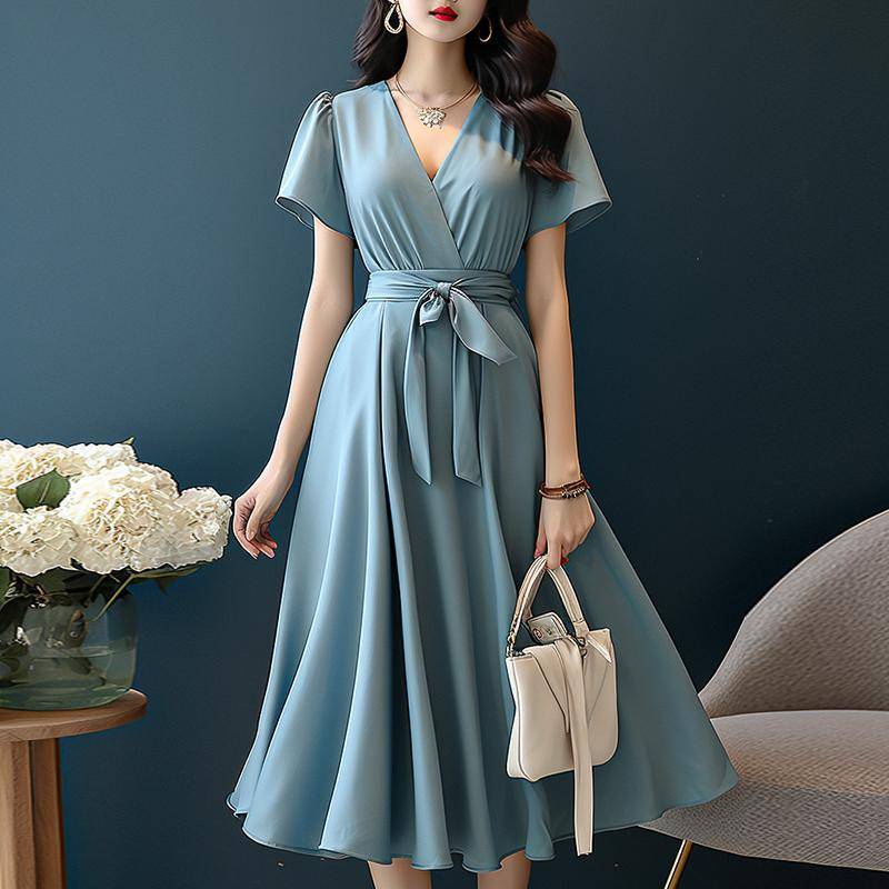 ZANZEA Damen Lässiges V-Ausschnitt Einfarbiges Sommerkleid mit kurzen Ärmeln 3XL blau von Joom DACH