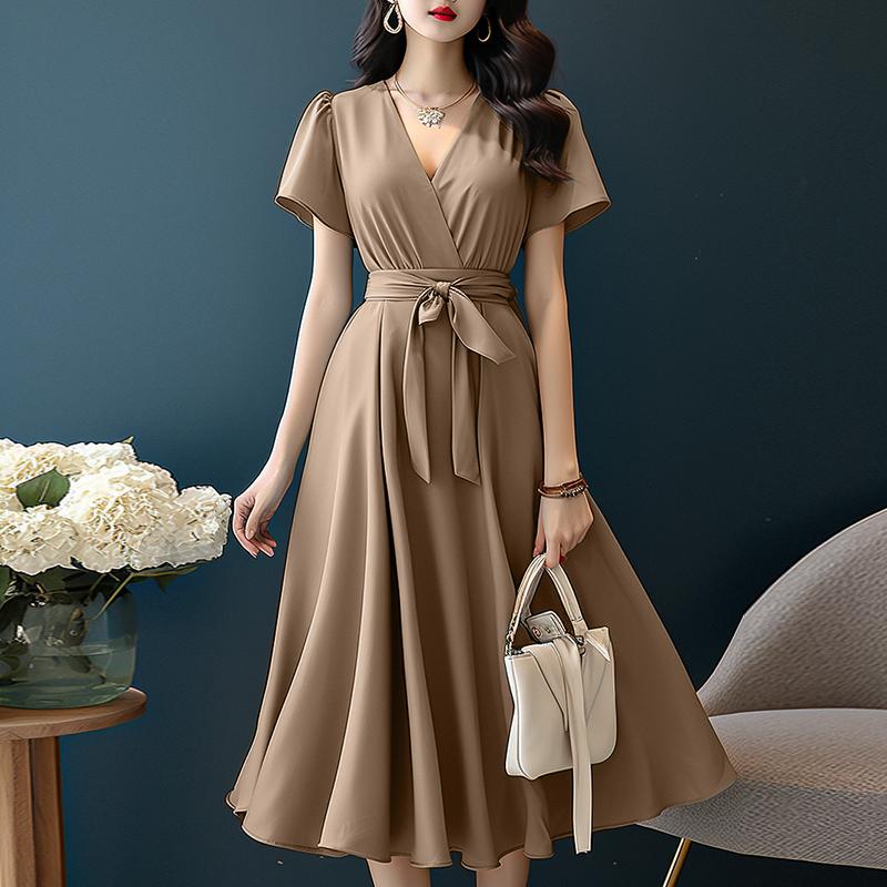 ZANZEA Damen Lässiges V-Ausschnitt Einfarbiges Sommerkleid mit kurzen Ärmeln M khaki von Joom DACH