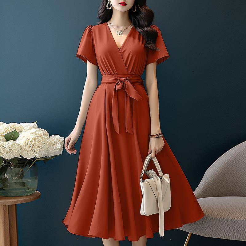 ZANZEA Damen Lässiges V-Ausschnitt Einfarbiges Sommerkleid mit kurzen Ärmeln M orange von Joom DACH