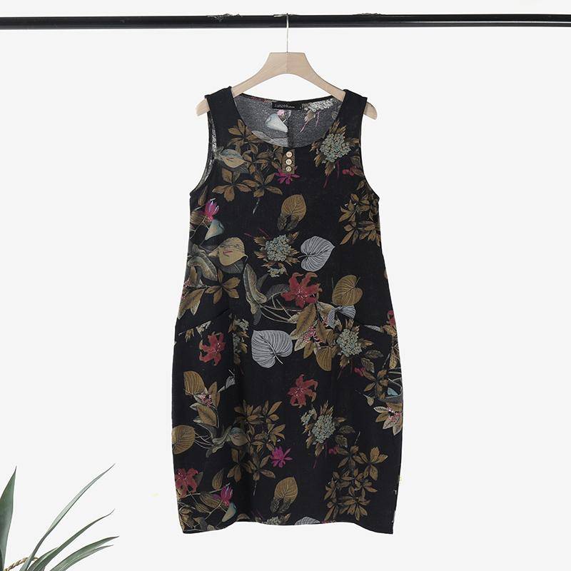 ZANZEA Damen O-Ausschnitt, ärmelloses Tankkleid, Sommer-Retro-Druck, lässiges kurzes Kleid 2XL dunkelblau von Joom DACH