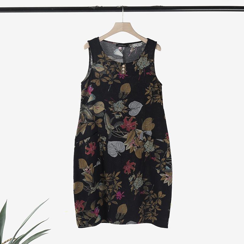 ZANZEA Damen O-Ausschnitt, ärmelloses Tankkleid, Sommer-Retro-Druck, lässiges kurzes Kleid 3XL dunkelblau von Joom DACH