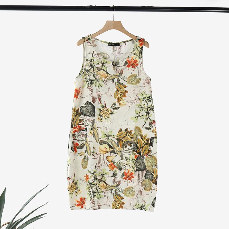 ZANZEA Damen O-Ausschnitt, ärmelloses Tankkleid, Sommer-Retro-Druck, lässiges kurzes Kleid 4XL gelb von Joom DACH