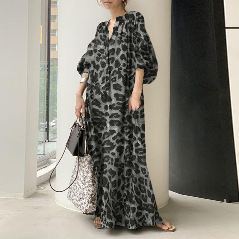 ZANZEA Damen O-Ausschnitt 3/4 Ärmel Kleid Frühling Sommer Mode Leopardenmuster Langes Kleid 3XL dunkelgrau von Joom DACH