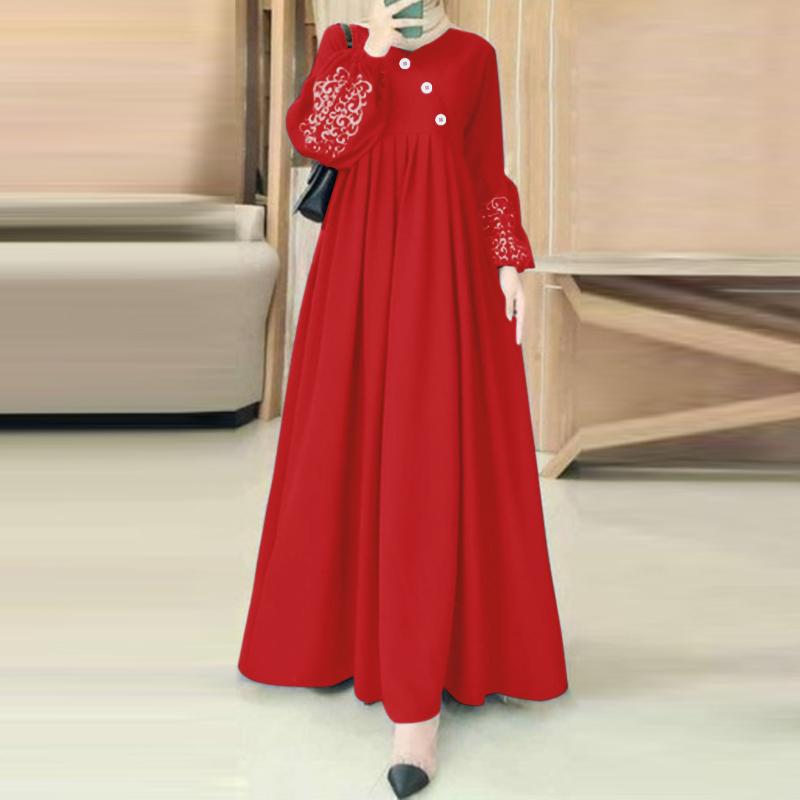 ZANZEA Damen Print Patchwork Elastische Bündchen Laternenärmel Lässiges Langes Kleid 2XL rot von Joom DACH