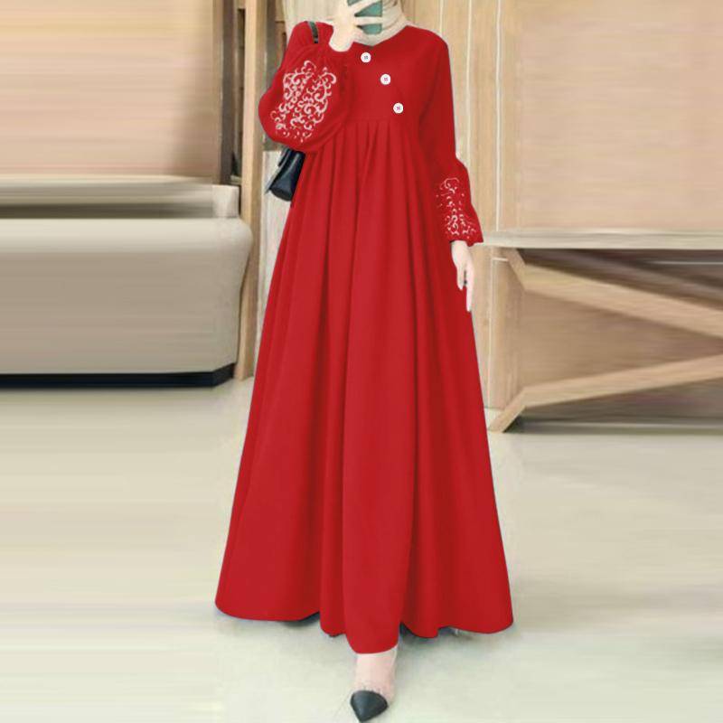 ZANZEA Damen Print Patchwork Elastische Bündchen Laternenärmel Lässiges Langes Kleid 2XL rot von Joom DACH