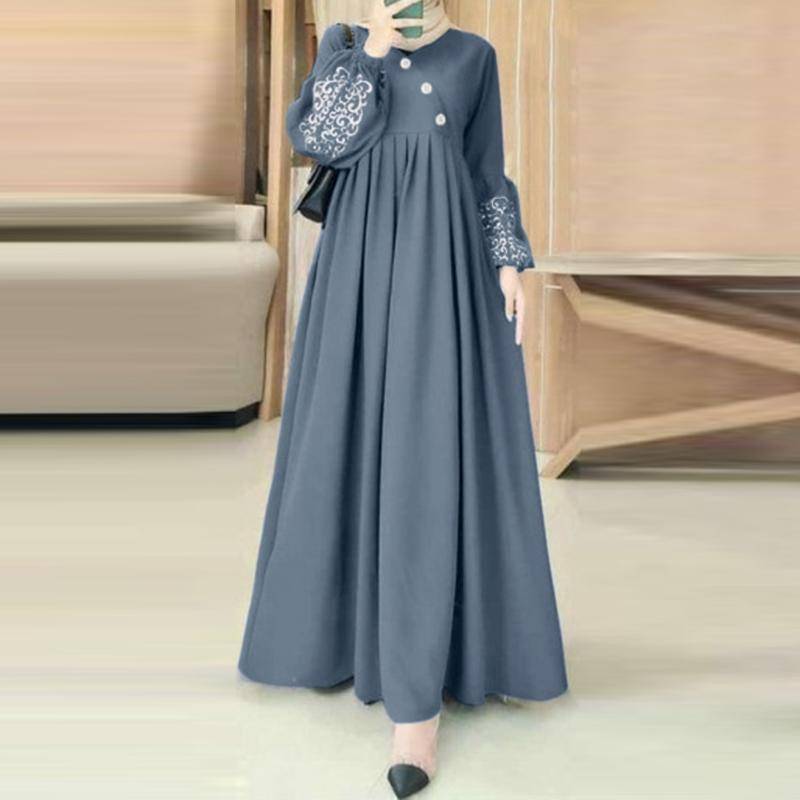 ZANZEA Damen Print Patchwork Elastische Bündchen Laternenärmel Lässiges Langes Kleid XL blau von Joom DACH