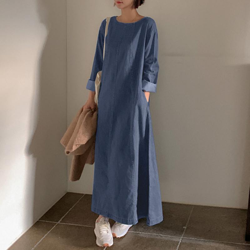 ZANZEA Damen Retro Casual Blue Denim Langarm O-Ausschnitt Loses langes Kleid 5XL von Joom DACH