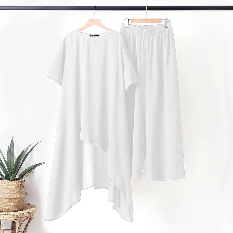 ZANZEA Damen Retro-Mode-Outfits, unregelmäßige lange Bluse und Hose, Sommer-Zweiteiler-Anzug-Set 5XL weiß von Joom DACH