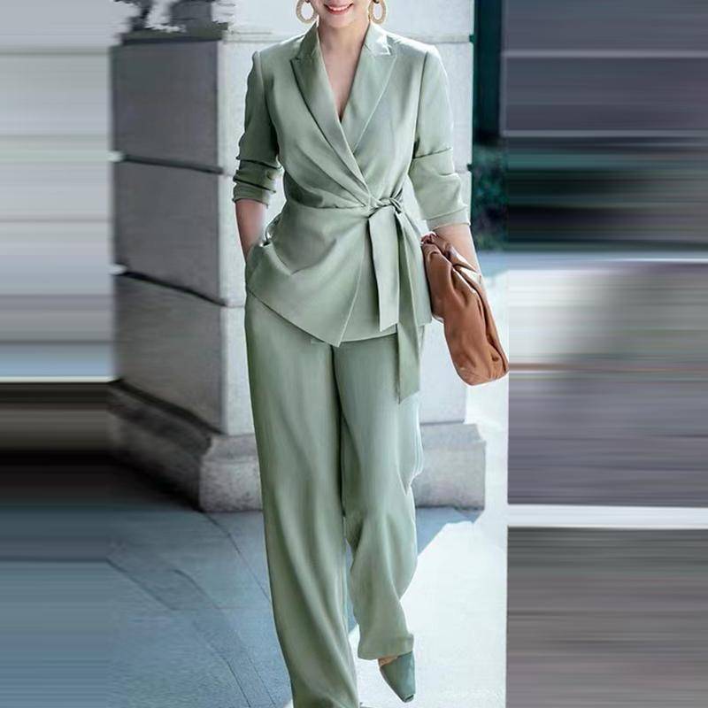 ZANZEA Damen-Set, lässige Strickjacke, Bluse und Hose mit weitem Bein, lockeres zweiteiliges Anzug-Set L grün von Joom DACH