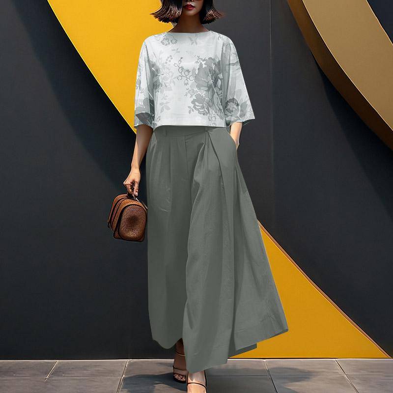 ZANZEA Damen-Set mit bedruckter Bluse mit 3/4-Ärmeln und Hose mit weitem Bein, lässig, zweiteilig 2XL graue von Joom DACH