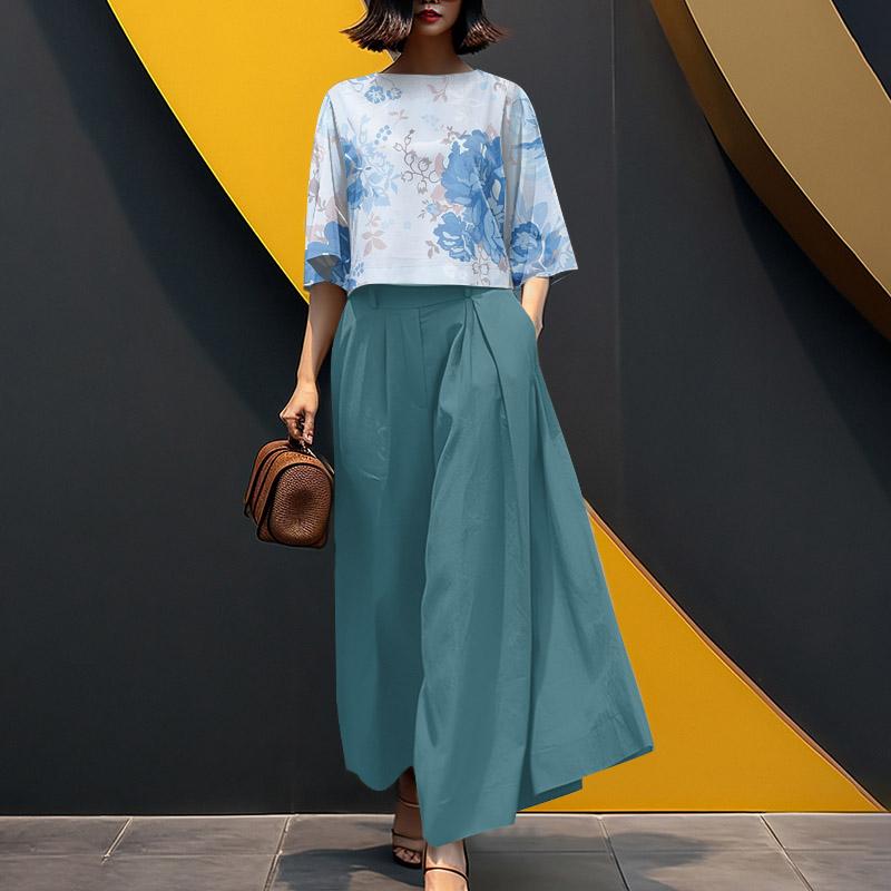 ZANZEA Damen-Set mit bedruckter Bluse mit 3/4-Ärmeln und Hose mit weitem Bein, lässig, zweiteilig 3XL blau von Joom DACH