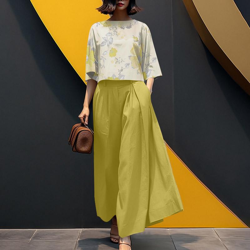 ZANZEA Damen-Set mit bedruckter Bluse mit 3/4-Ärmeln und Hose mit weitem Bein, lässig, zweiteilig 4XL gelb von Joom DACH