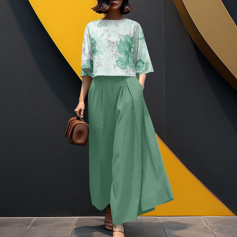 ZANZEA Damen-Set mit bedruckter Bluse mit 3/4-Ärmeln und Hose mit weitem Bein, lässig, zweiteilig 5XL grün von Joom DACH