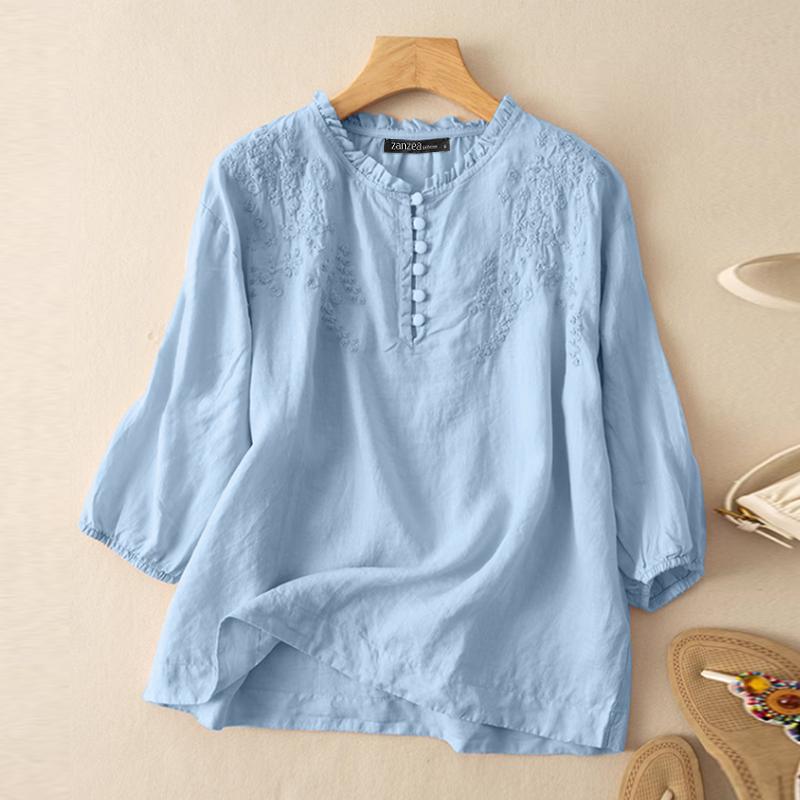 ZANZEA Damen Sommer-Bluse mit 3/4-Ärmeln, O-Ausschnitt, Baumwolle, Blumenstickerei 3XL hellblaue ZANZEA Damen Sommer-Bluse mit 3/4-Ärmeln, O-Ausschnitt, Baumwolle, Blumenstickerei 3XL hellblaue von Joom DACH