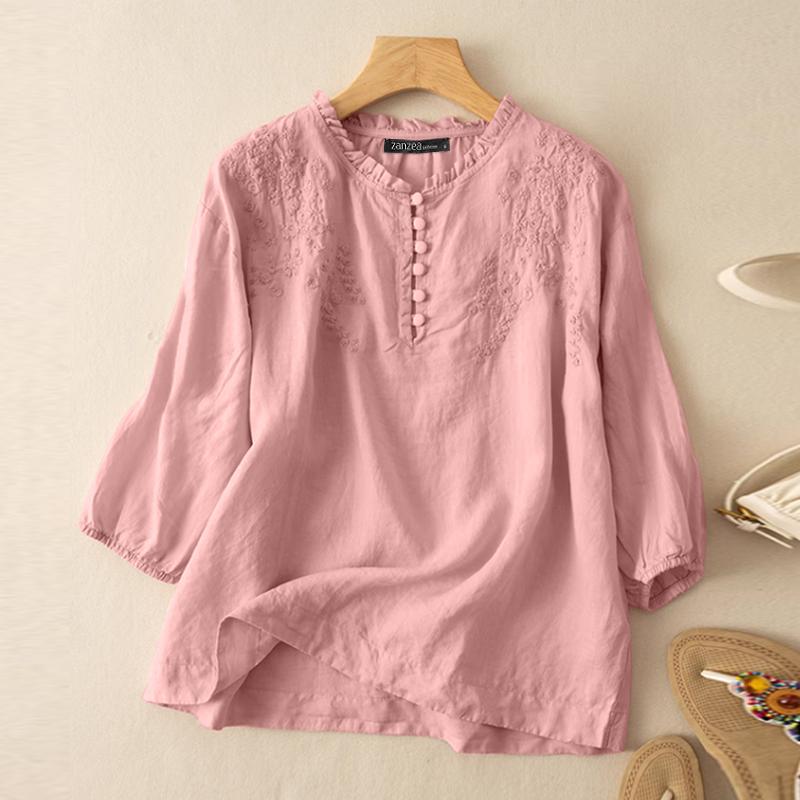 ZANZEA Damen Sommer-Bluse mit 3/4-Ärmeln, O-Ausschnitt, Baumwolle, Blumenstickerei L rosa ZANZEA Damen Sommer-Bluse mit 3/4-Ärmeln, O-Ausschnitt, Baumwolle, Blumenstickerei L rosa von Joom DACH