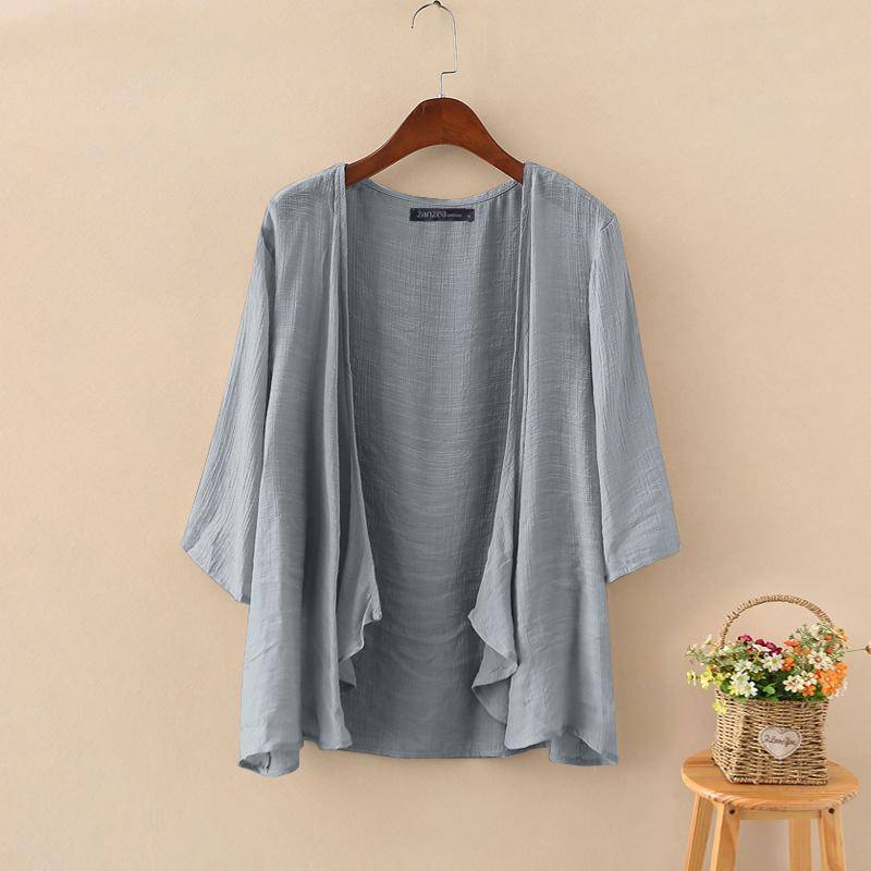 ZANZEA Damen Sommer Casual Cardigan Tops Einfarbig Lose 3/4 Ärmel Dünn Beachwear Cover Ups Bluse Tops L grau von Joom DACH