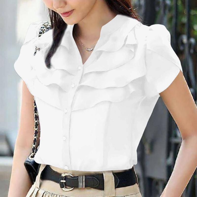 ZANZEA Damen Sommer Casual V-Ausschnitt Kurzarm Einfarbig Lose Rüschen Bluse 4XL weiß von Joom DACH