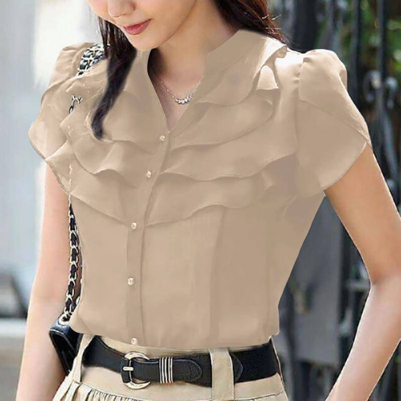 ZANZEA Damen Sommer Casual V-Ausschnitt Kurzarm Einfarbig Lose Rüschen Bluse S khaki von Joom DACH