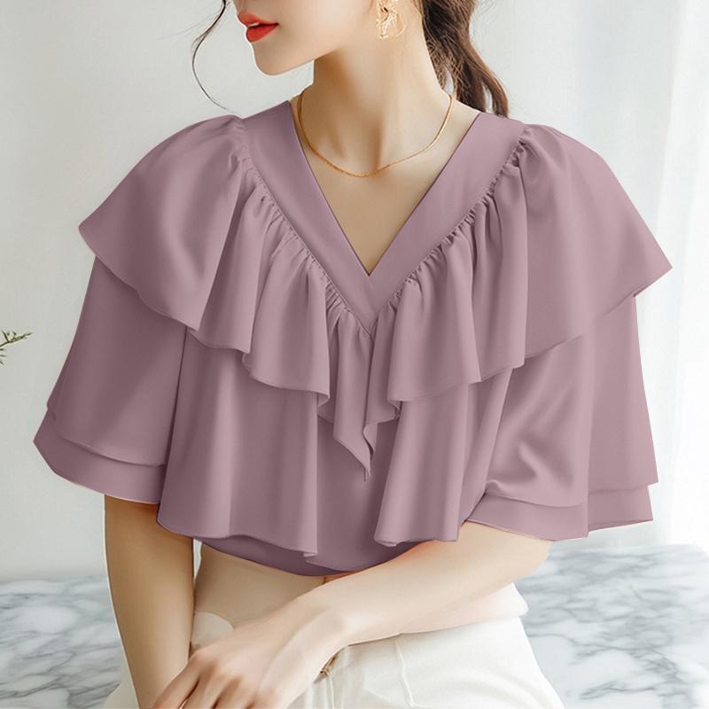 ZANZEA Damen Sommer Rüschen V-Ausschnitt Locker Lässig Kurzarm Bluse 2XL violett von Joom DACH