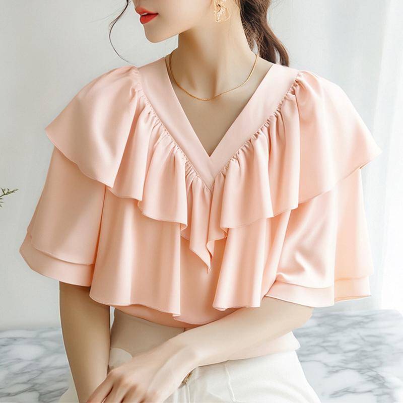 ZANZEA Damen Sommer Rüschen V-Ausschnitt Locker Lässig Kurzarm Bluse 5XL von Joom DACH