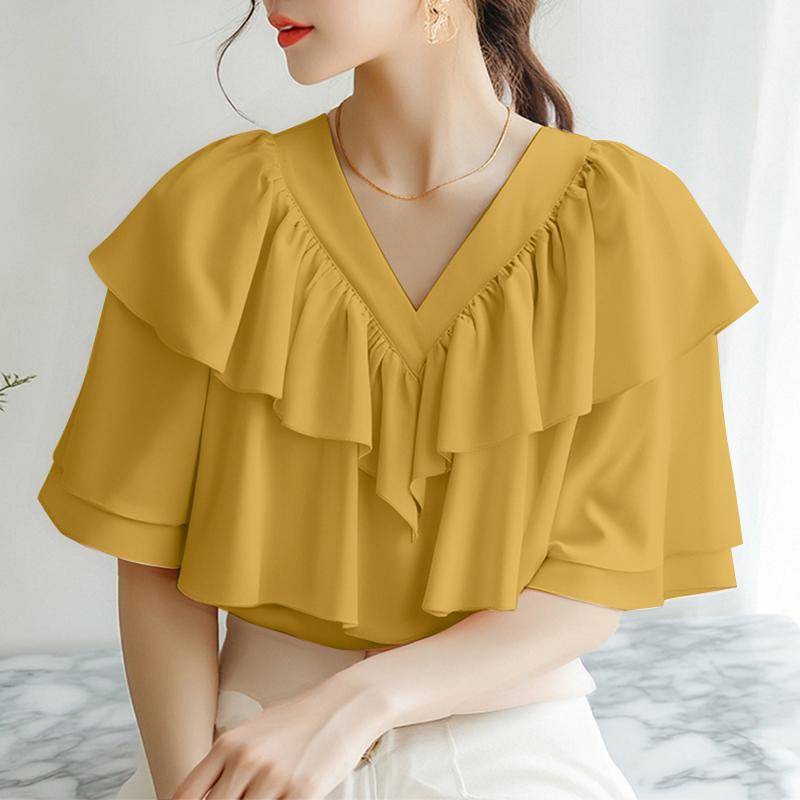 ZANZEA Damen Sommer Rüschen V-Ausschnitt Locker Lässig Kurzarm Bluse 5XL von Joom DACH