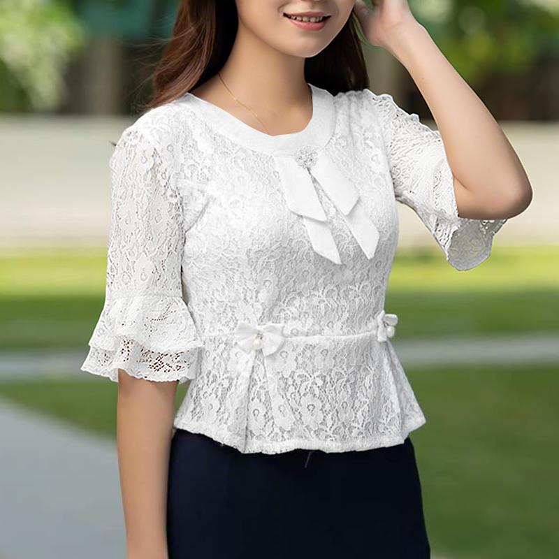 ZANZEA Damen Sommer Rundhals Halbarm Spitze Patchwork Bluse 5XL weiß von Joom DACH